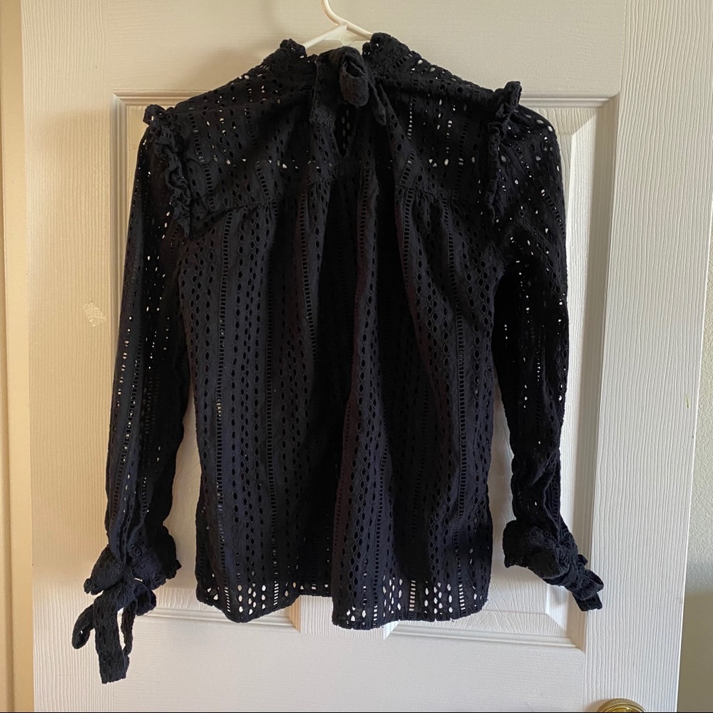 Madewell Eyelet Mock Neck Black Blouse - Picture 3 of 6